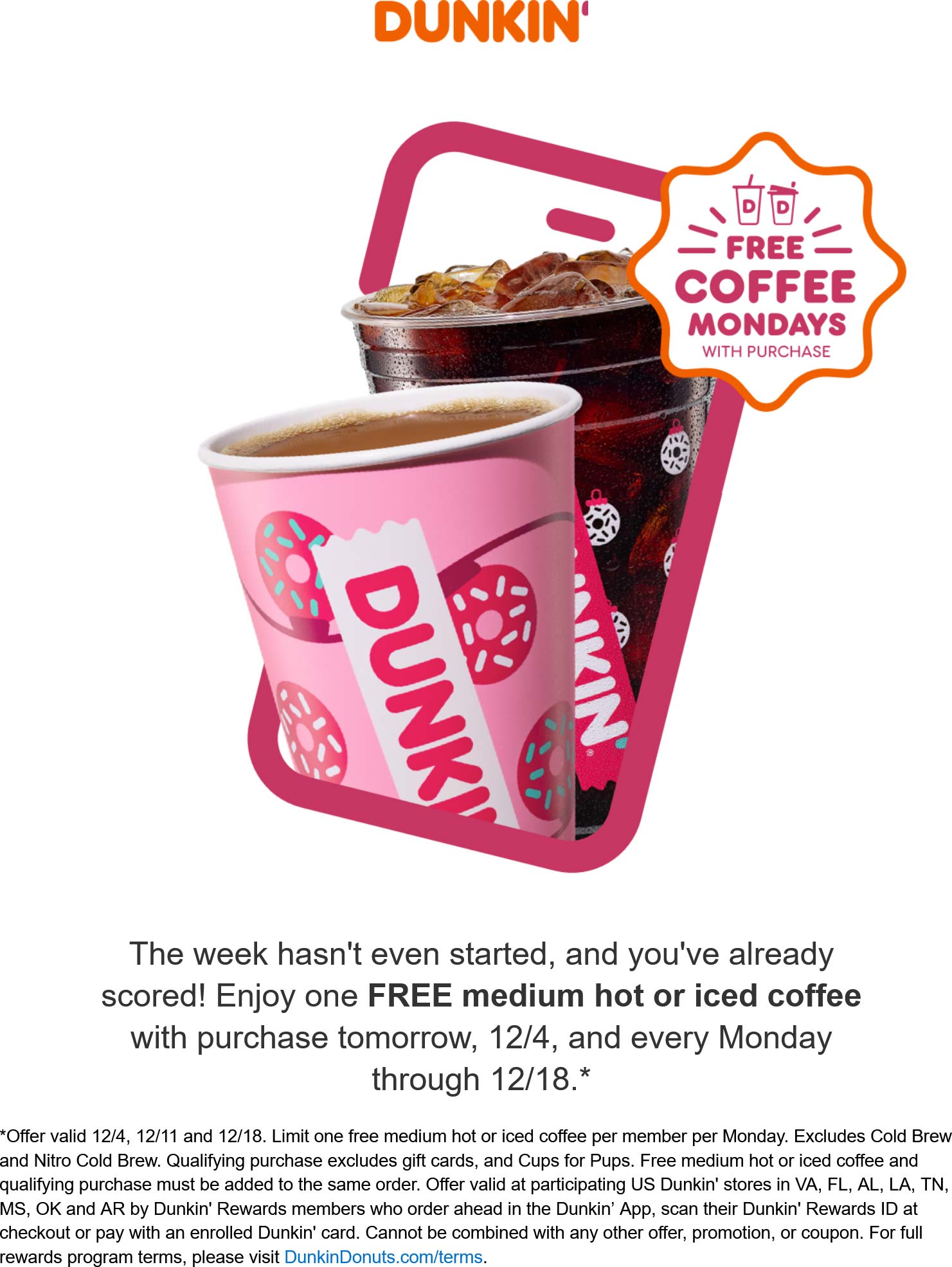 Free coffee Mondays at Dunkin Donuts #dunkin