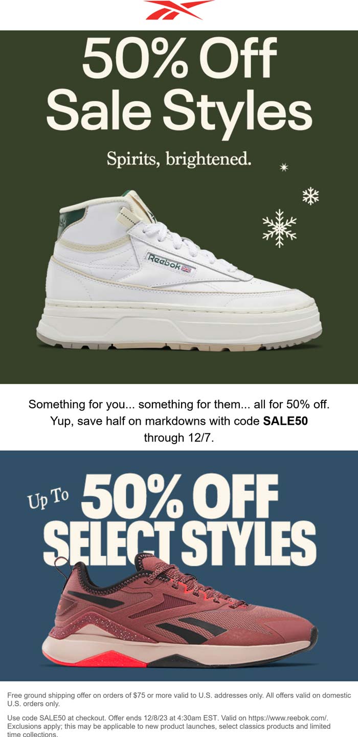 Reebok stores Coupon  50% off sale styles at Reebok via promo code SALE50 #reebok 