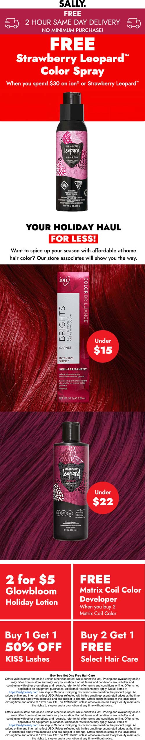 Sally stores Coupon  3rd hair care free & free color spray on $30 ion or strawberry leopard at Sally #sally 