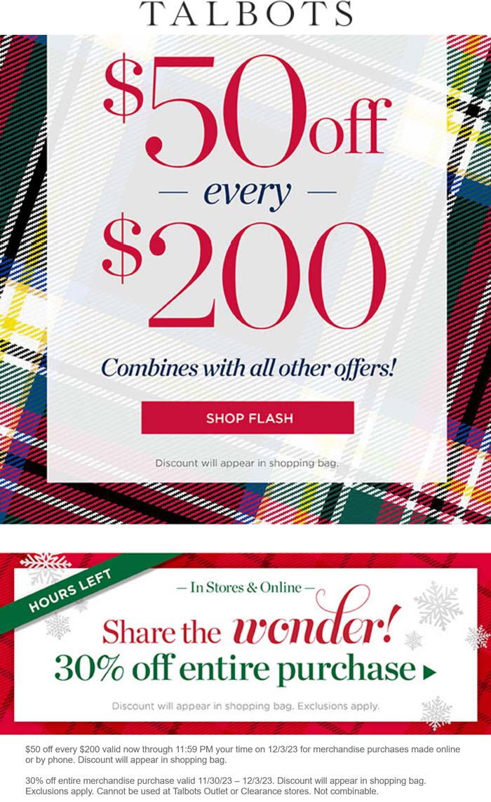 Talbots stores Coupon  30% off everything + $50 off every $200 today at Talbots #talbots 