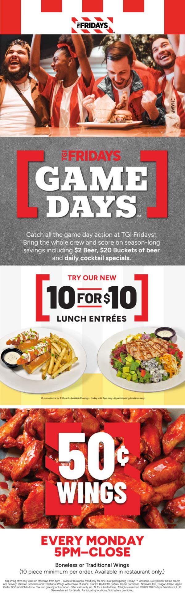 TGI Fridays restaurants Coupon  $2 game day beer, 10 for $10 lunch entrees & .50 cent wings at TGI Fridays #tgifridays 