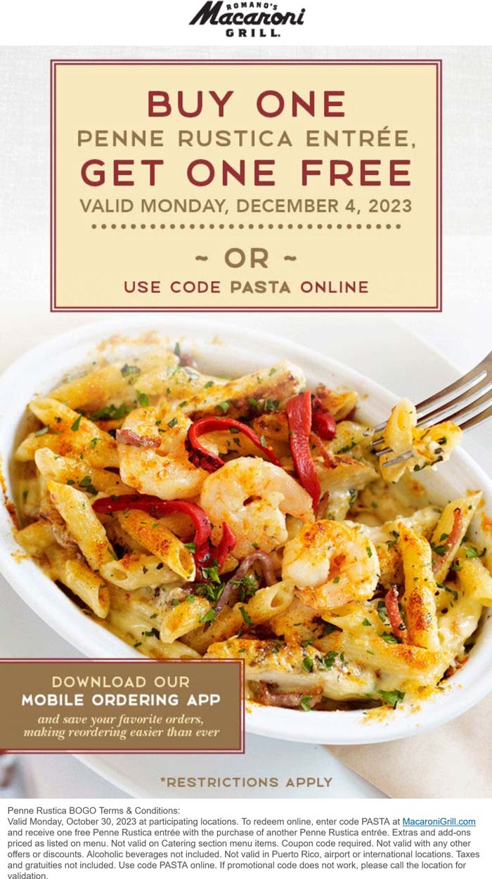 Second penne rustica entree free today at Macaroni Grill #macaronigrill