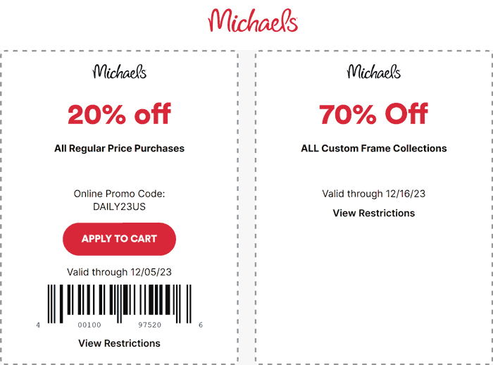 Michaels stores Coupon  20% off at Michaels, or online via promo code DAILY23US #michaels 