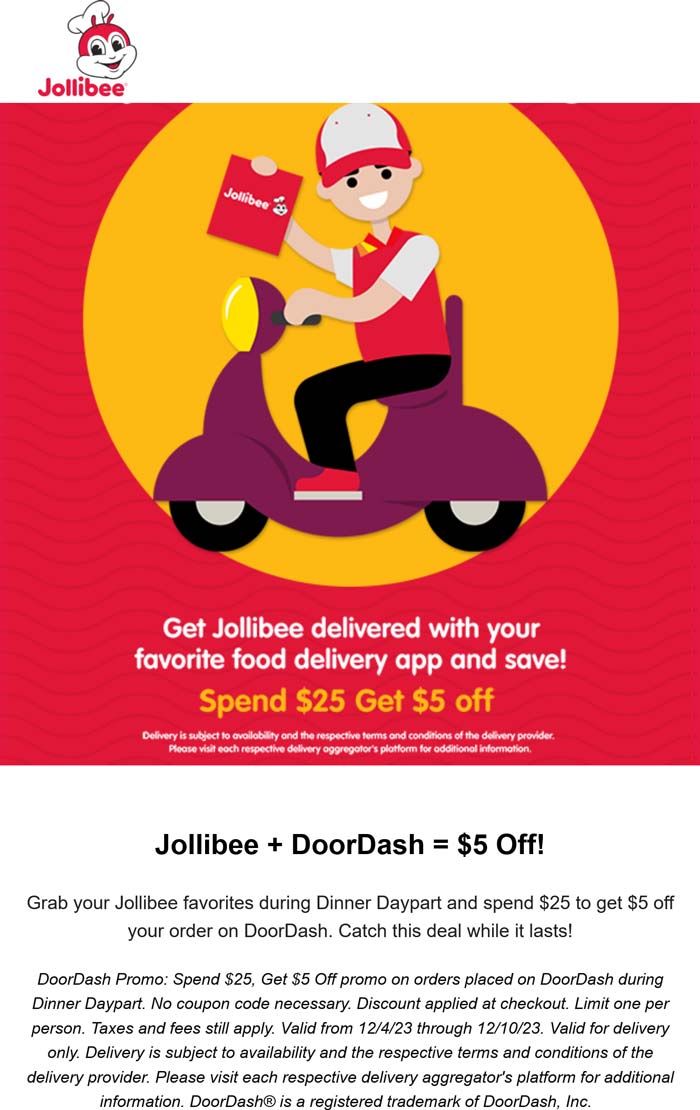 Jollibee restaurants Coupon  $5 off $25 via delivery at Jollibee Filipino restaurants #jollibee 