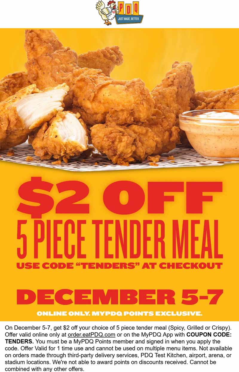 $2 off a 5pc meal online at PDQ #pdq