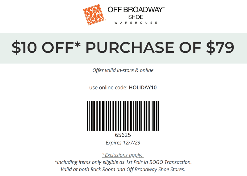 Rack Room Shoes stores Coupon  $10 off $79 at Rack Room Shoes, or online via promo code HOLIDAY10 #rackroomshoes 