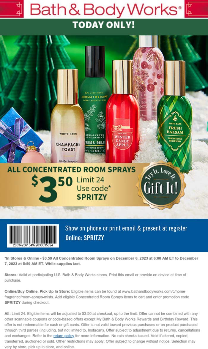 Room sprays are $3.50 today at Bath & Body Works, or online via promo code SPRITZY #bathbodyworks