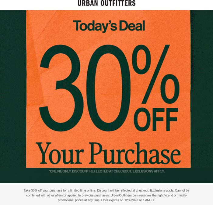 Urban Outfitters stores Coupon  30% off online today at Urban Outfitters #urbanoutfitters 