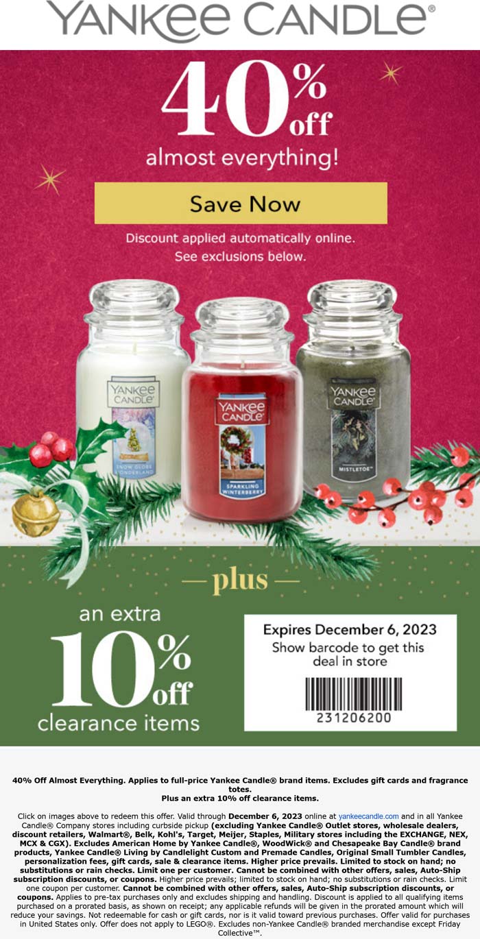 Yankee Candle stores Coupon  40% off + extra 10% on clearance today at Yankee Candle, ditto online #yankeecandle 