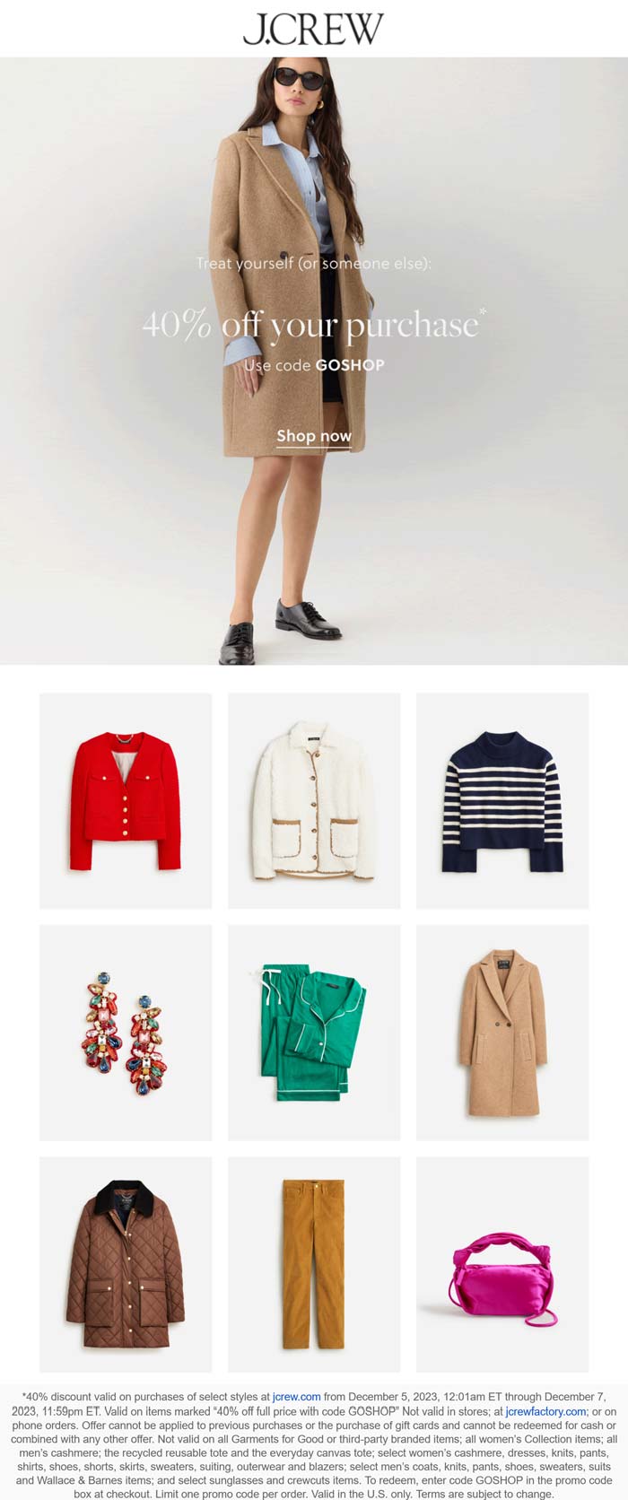 J.Crew stores Coupon  40% off online today at J.Crew via promo code GOSHOP #jcrew 