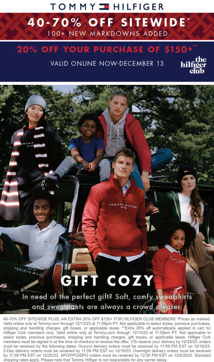 40-70% off everything + 20% off $150 online at Tommy Hilfiger #tommyhilfiger