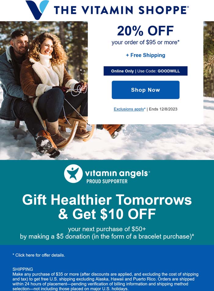 The Vitamin Shoppe stores Coupon  20% off $95 at The Vitamin Shoppe via promo code GOODWILL #thevitaminshoppe 