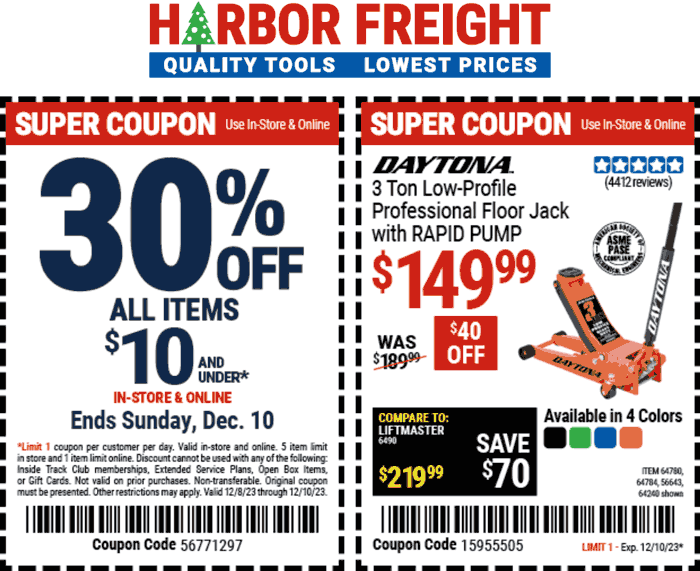 Harbor Freight stores Coupon  30% off all items under $10 at Harbor Freight tools, or online via promo code 56771297 #harborfreight 