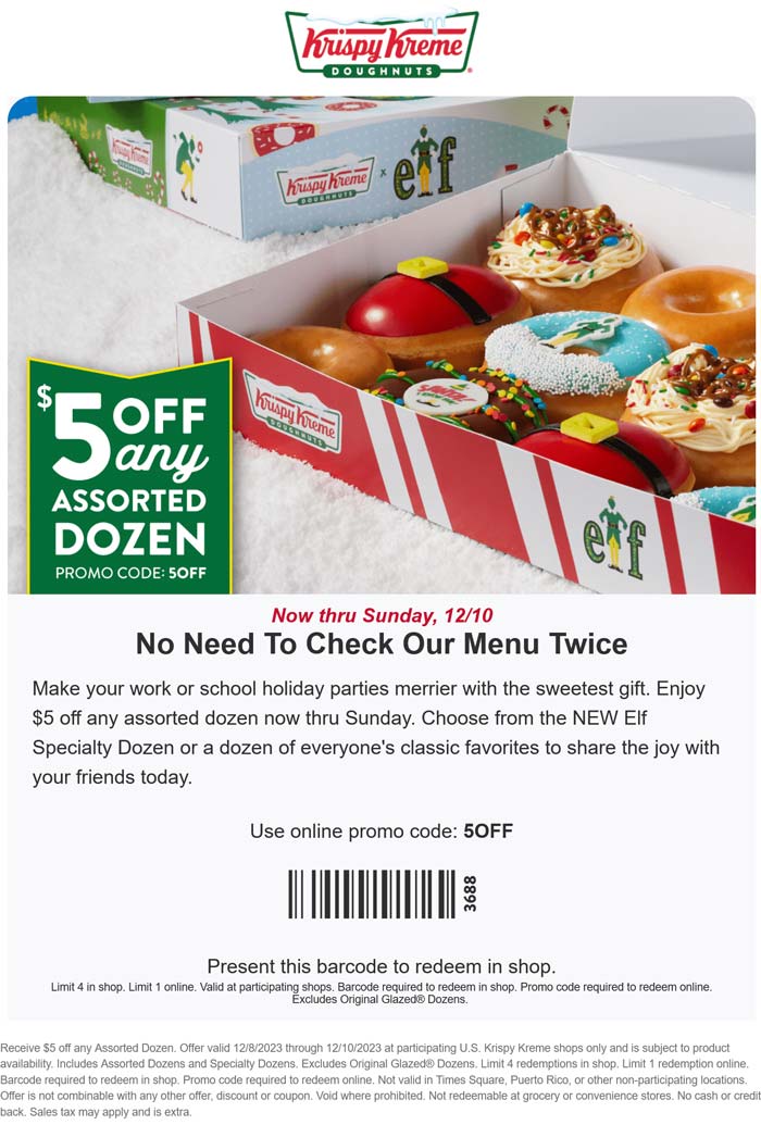 Krispy Kreme restaurants Coupon  $5 off any assorted dozen at Krispy Kreme donuts, or online via promo code 5OFF #krispykreme 