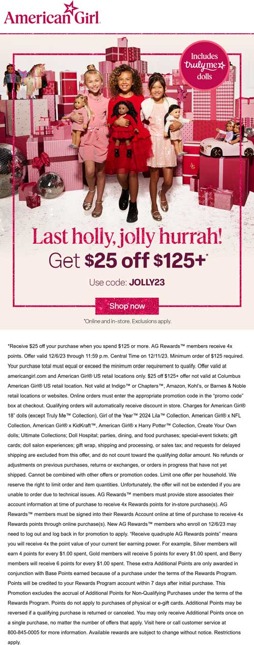 American Girl stores Coupon  $25 off $125 at American Girl via promo code JOLLY23 #americangirl 