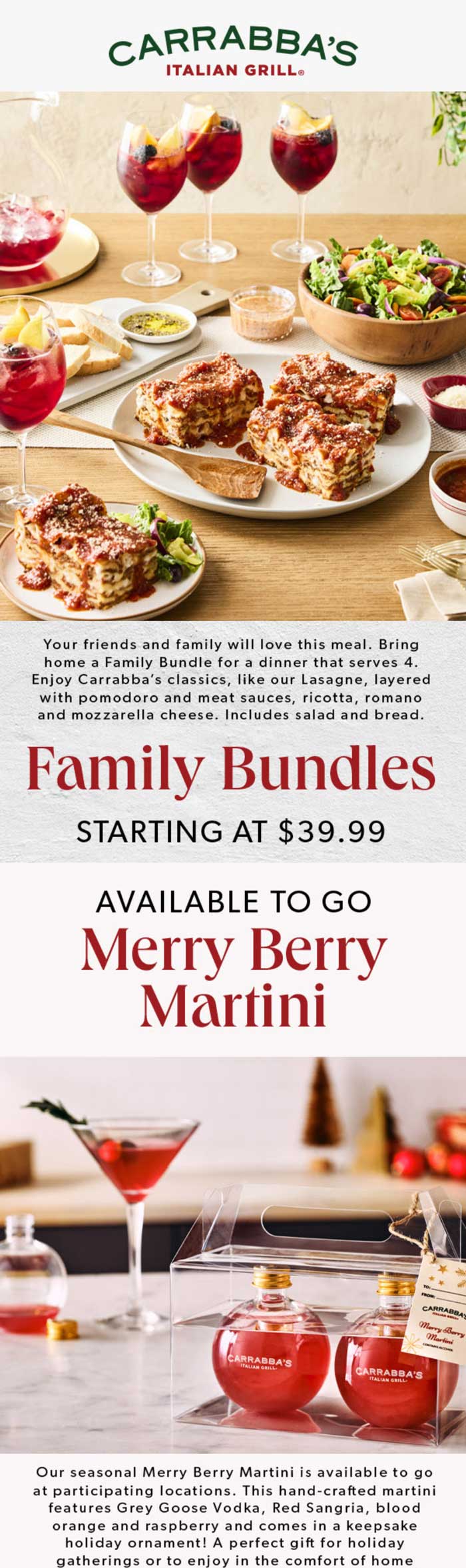 Family dinner bundle for 4 = $40 at Carrabbas Italian Grill #carrabbas