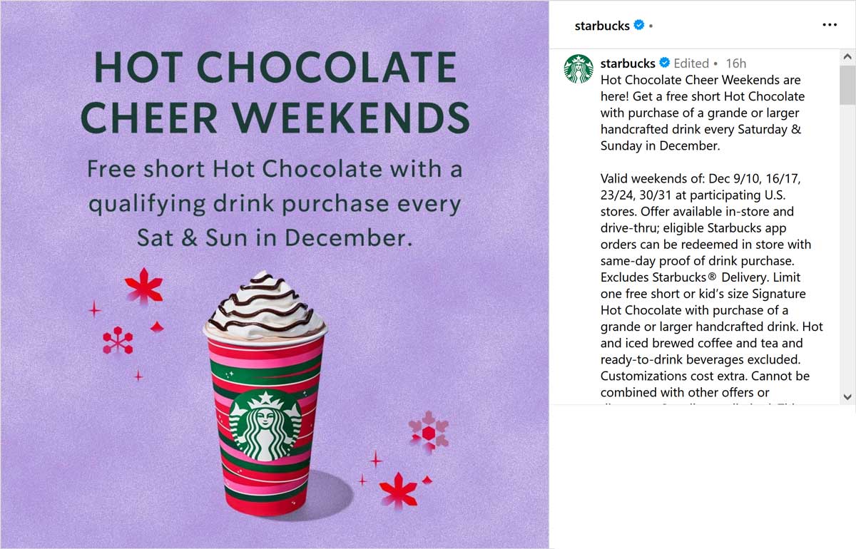 Free hot chocolate with your grande drink weekends at Starbucks coffee #starbucks