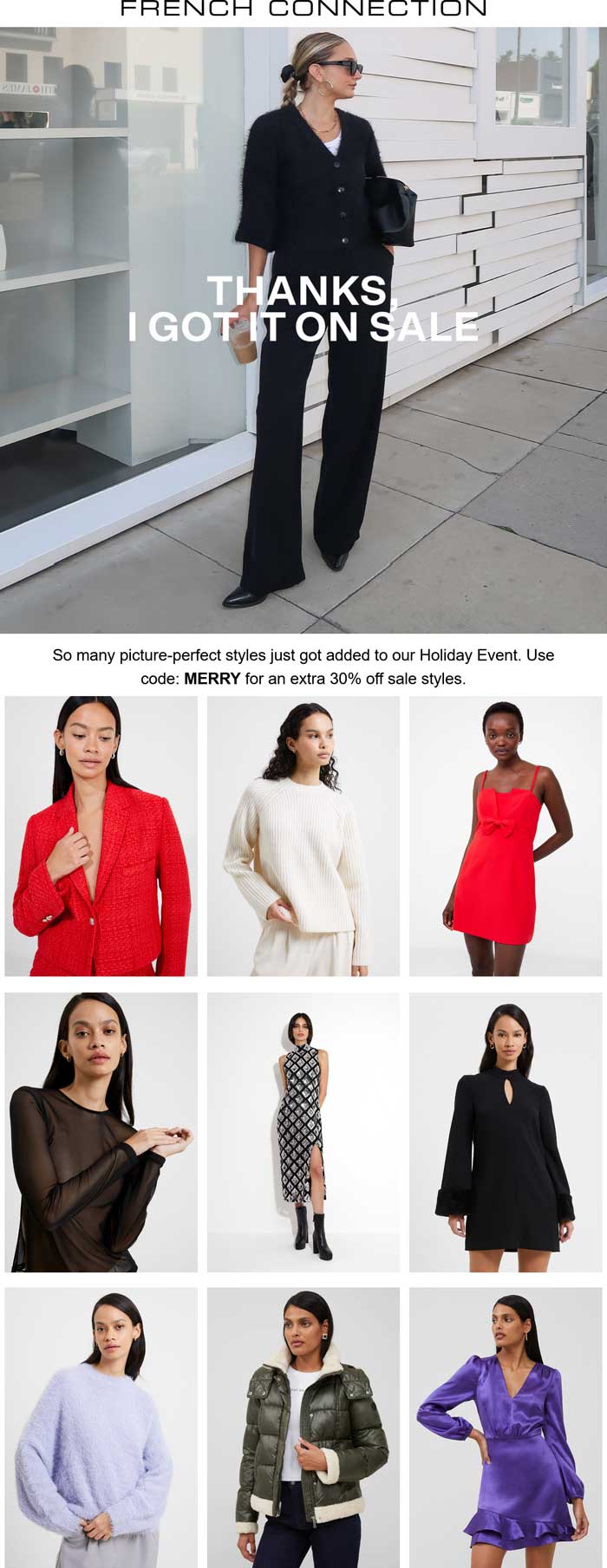 French Connection stores Coupon  Extra 30% off sale styles at French Connection via promo code MERRY #frenchconnection 
