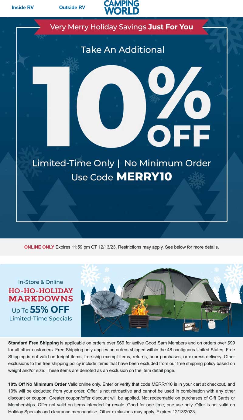 10% off at Camping World via promo code MERRY10 #campingworld