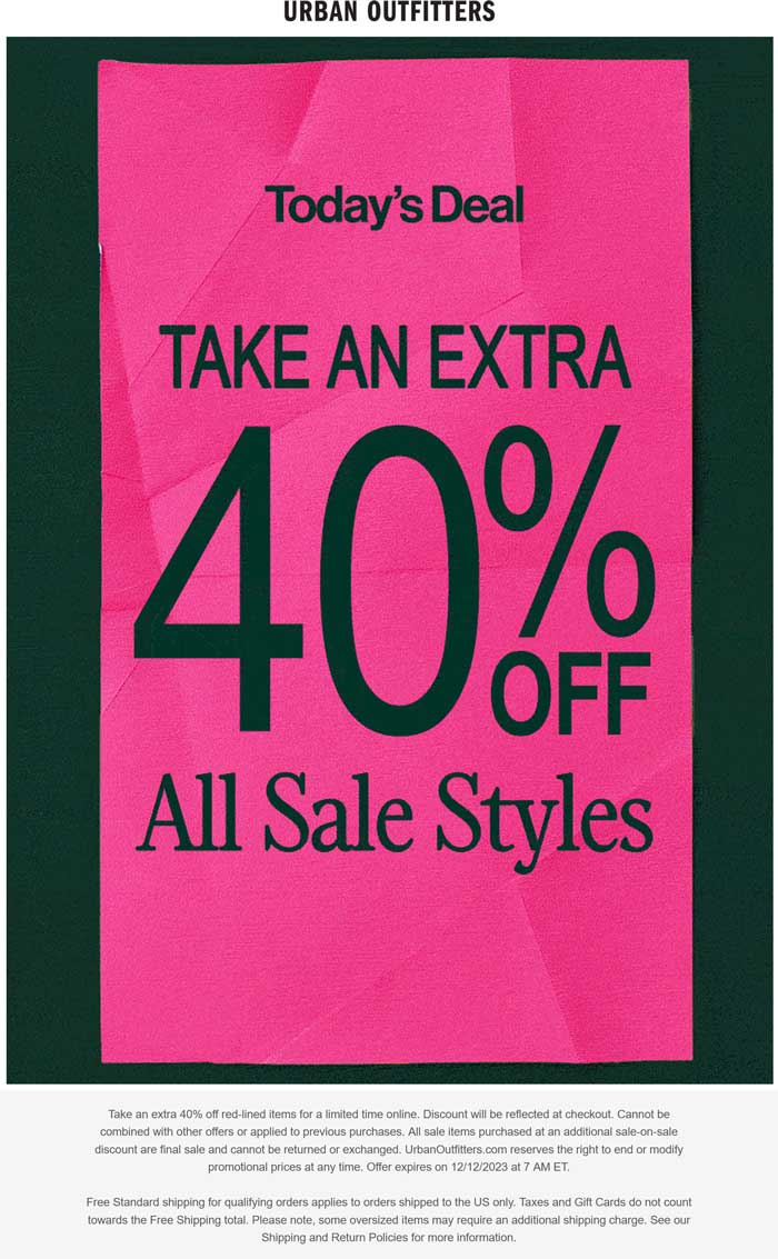 Urban Outfitters stores Coupon  Extra 40% off sale items today at Urban Outfitters #urbanoutfitters 
