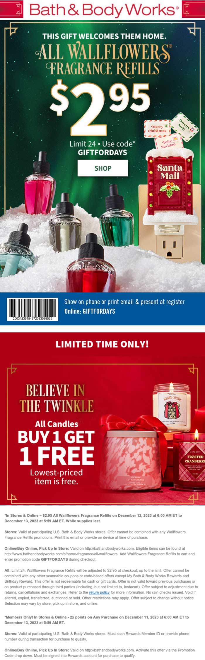 $3 fragrance refills & second candle free today at Bath & Body Works, or online via promo code GIFTFORDAYS #bathbodyworks