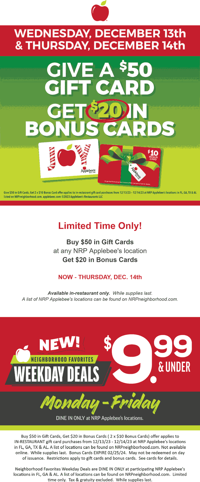 $20 gift card free with your $50 in cards at Applebees restaurants #applebees