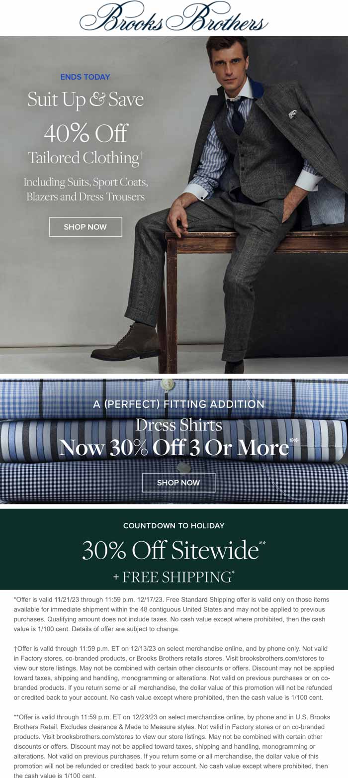 Brooks Brothers stores Coupon  40% off tailored clothing & 30% everything else today at Brooks Brothers #brooksbrothers 