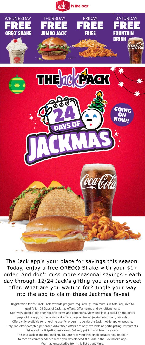 Jack in the Box restaurants Coupon  This week enjoy a free shake, free cheeseburger fries and drink on $1 spent at Jack in the Box #jackinthebox 
