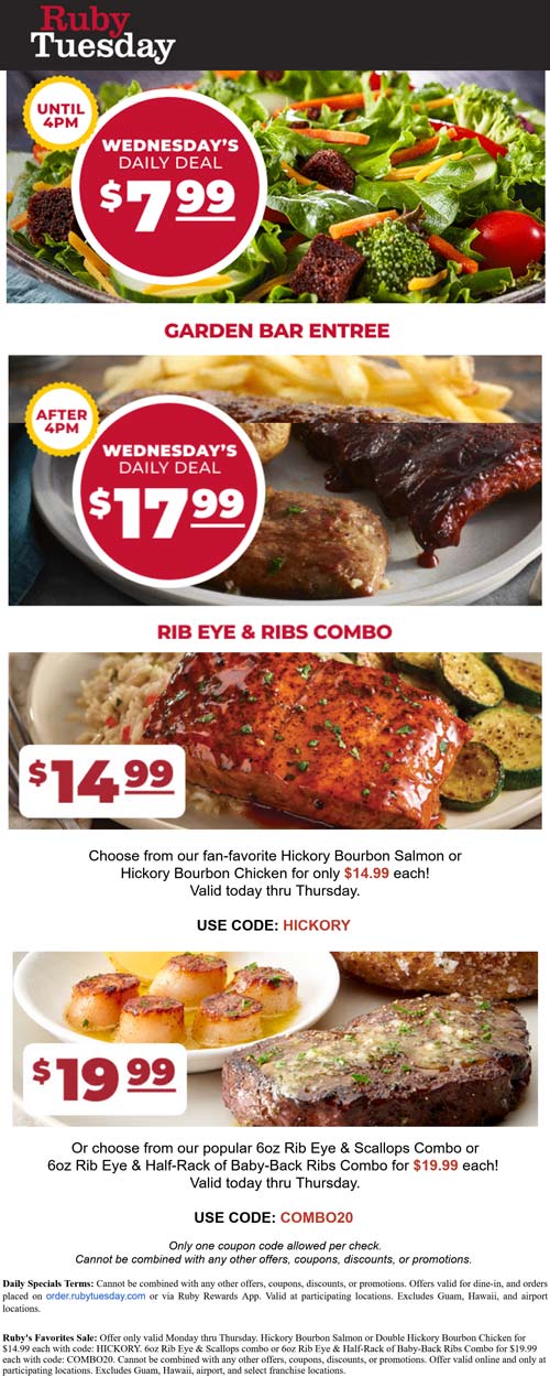 Ruby Tuesday restaurants Coupon  $8 garden bar & steak + scallops or ribs combo = $20 today at Ruby Tuesday via promo code COMBO20 #rubytuesday 