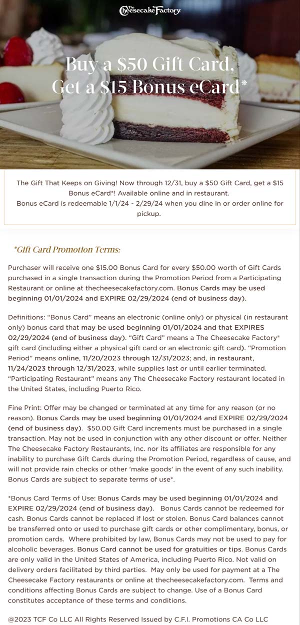 $15 gift card free with your $50 card at The Cheesecake Factory restaurants #thecheesecakefactory