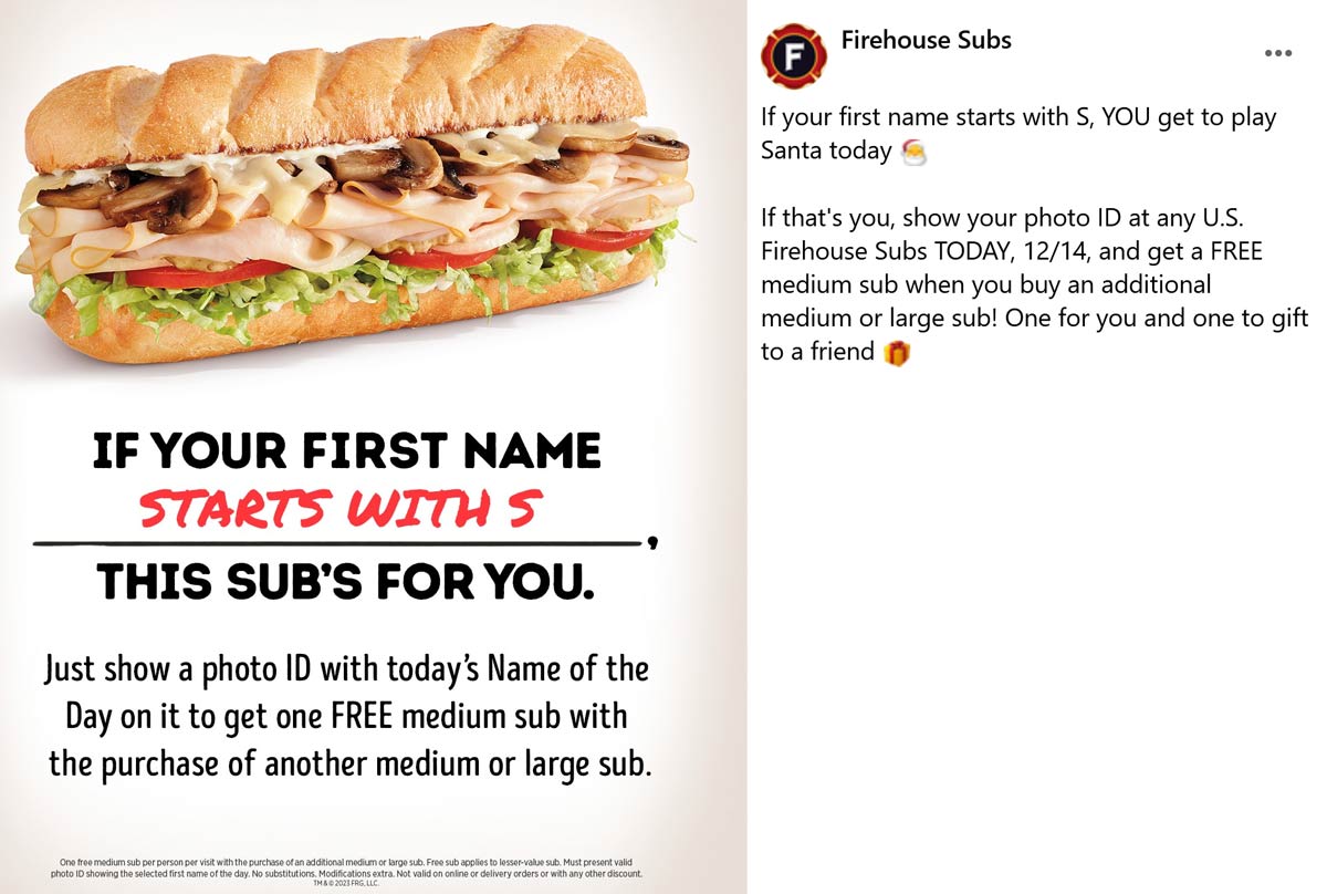 Names starting with S enjoy a second sub sandwich free today at Firehouse Subs #firehousesubs
