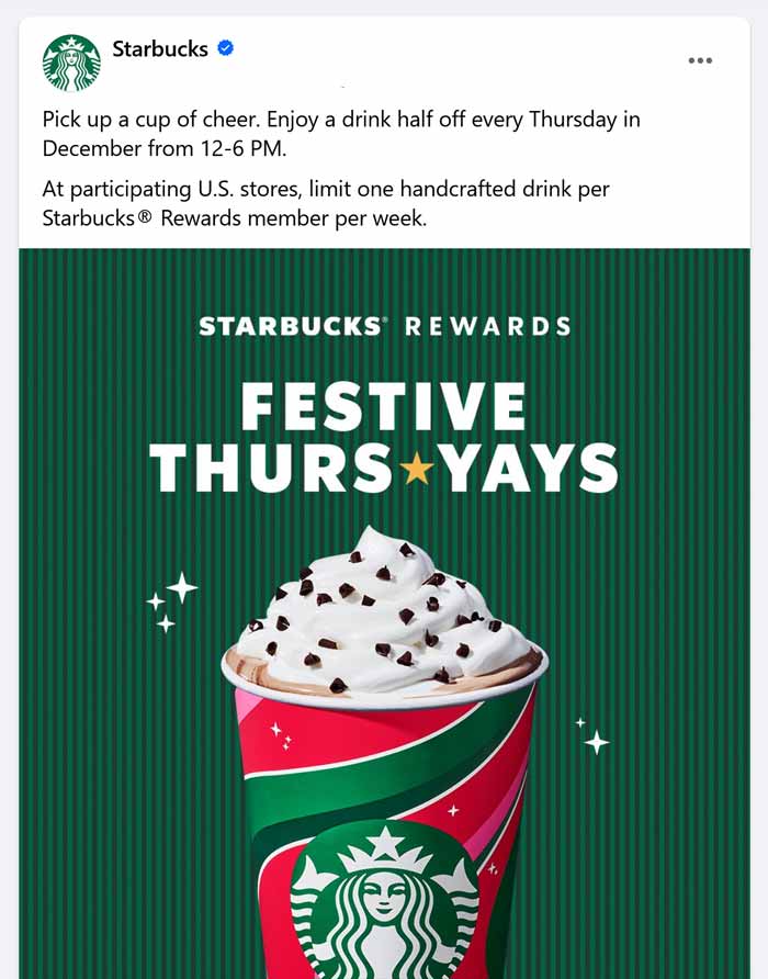 50% off your drink til 6p today at Starbucks coffee #starbucks