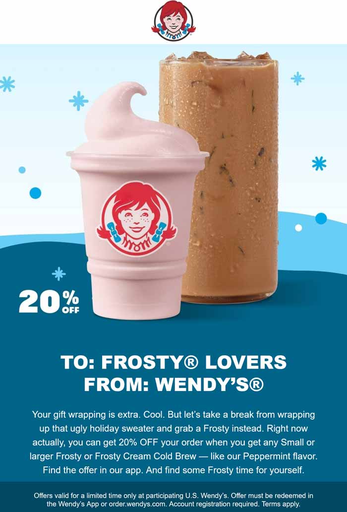 Wendys restaurants Coupon  20% off your order with any cold brew or frosty online at Wendys #wendys 