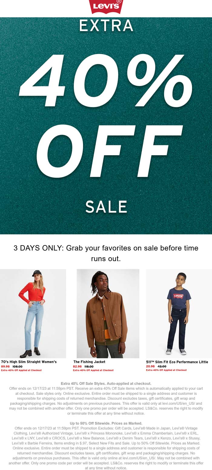 Extra 40% off sale styles online at Levis #levis