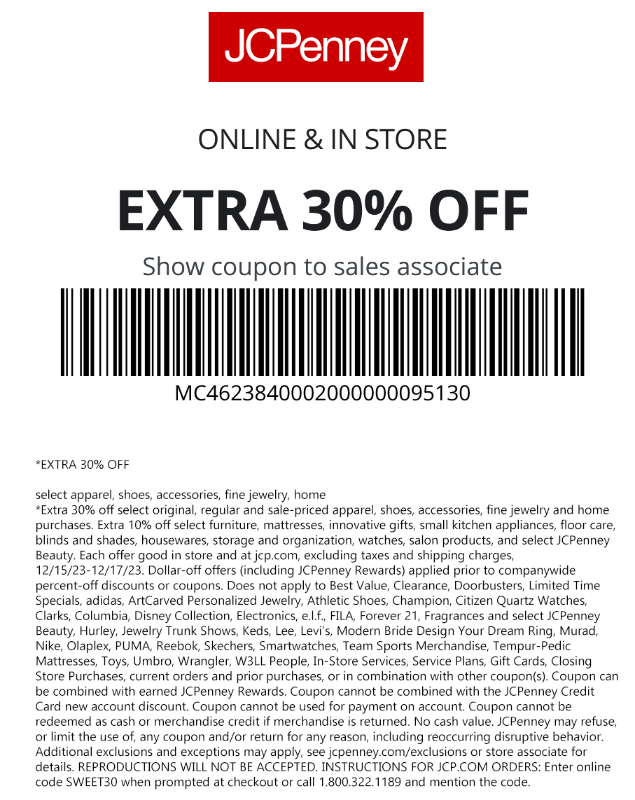 Extra 30% off at JCPenney, or online via promo code SWEET30 #jcpenney