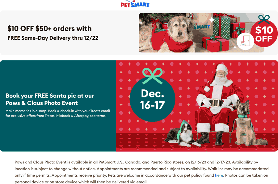 Free santa pet photo event + $10 off $50 online at PetSmart #petsmart