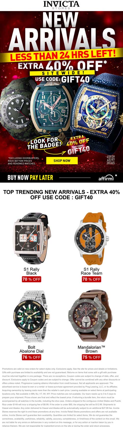 Extra 40% off all watches online today at Invicta via promo code GIFT40 #invicta