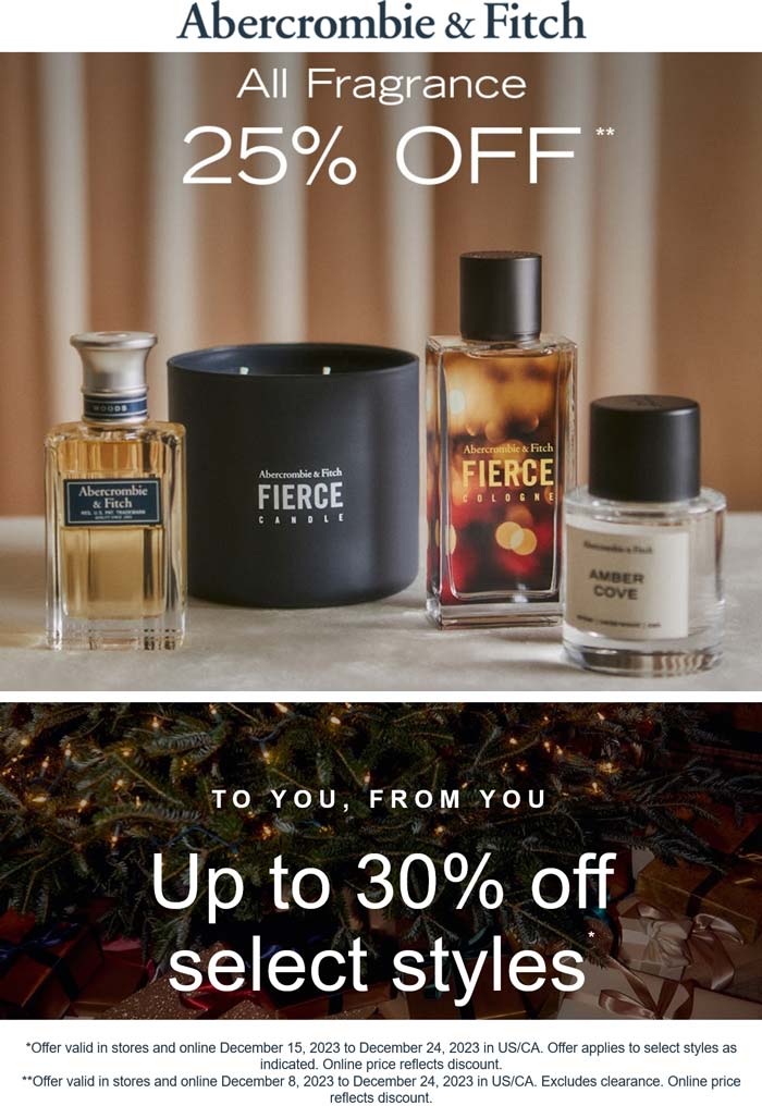Abercrombie & Fitch stores Coupon  25% off all fragrances at Abercrombie & Fitch #abercrombiefitch 