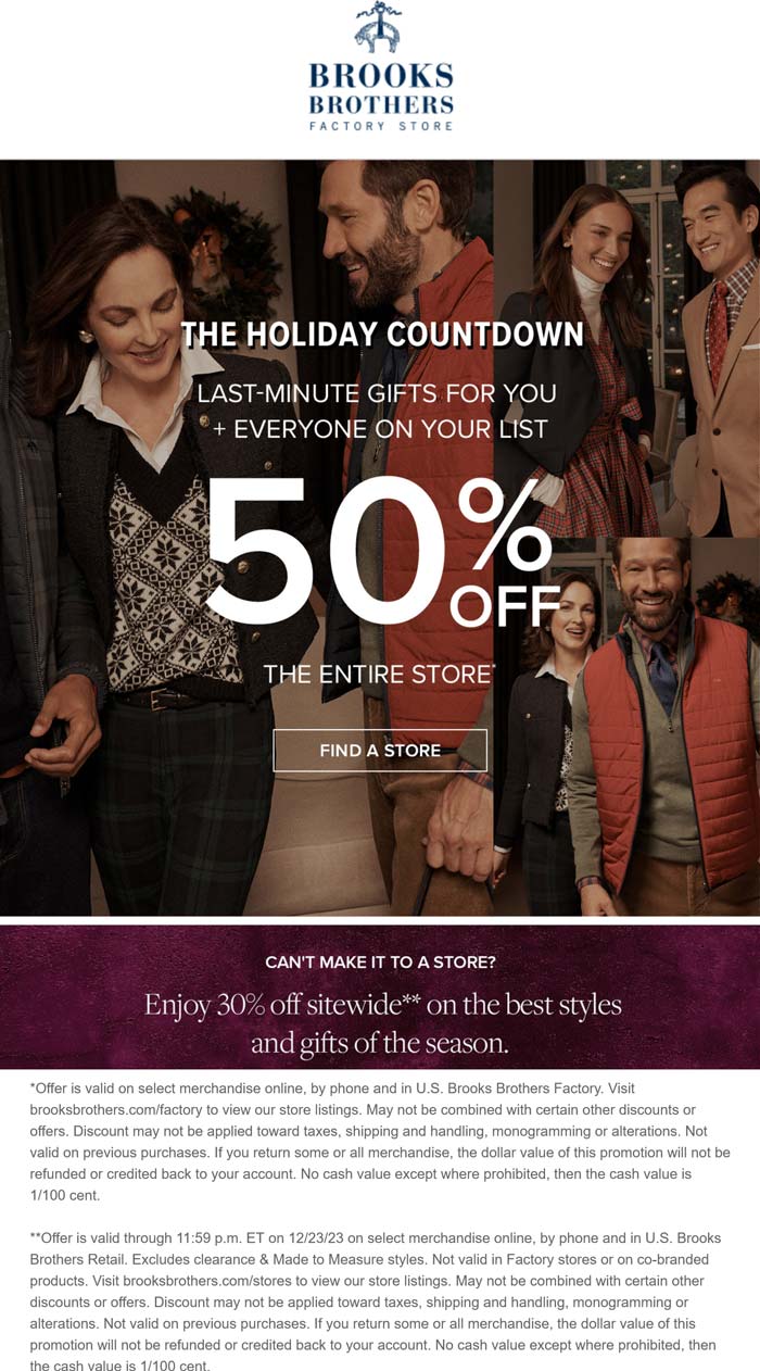 50% off everything at Brooks Brothers Factory Outlet, or 30% online #brooksbrothersfactoryoutlet