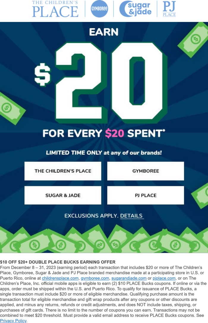 The Childrens Place stores Coupon  $20 store bucks on every $20 spent at The Childrens Place, Gymboree, Sugar & Jade and PJ Place #thechildrensplace 