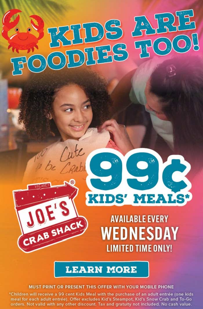 Joes Crab Shack restaurants Coupon  $1 kids meals Wednesdays at Joes Crab Shack #joescrabshack 