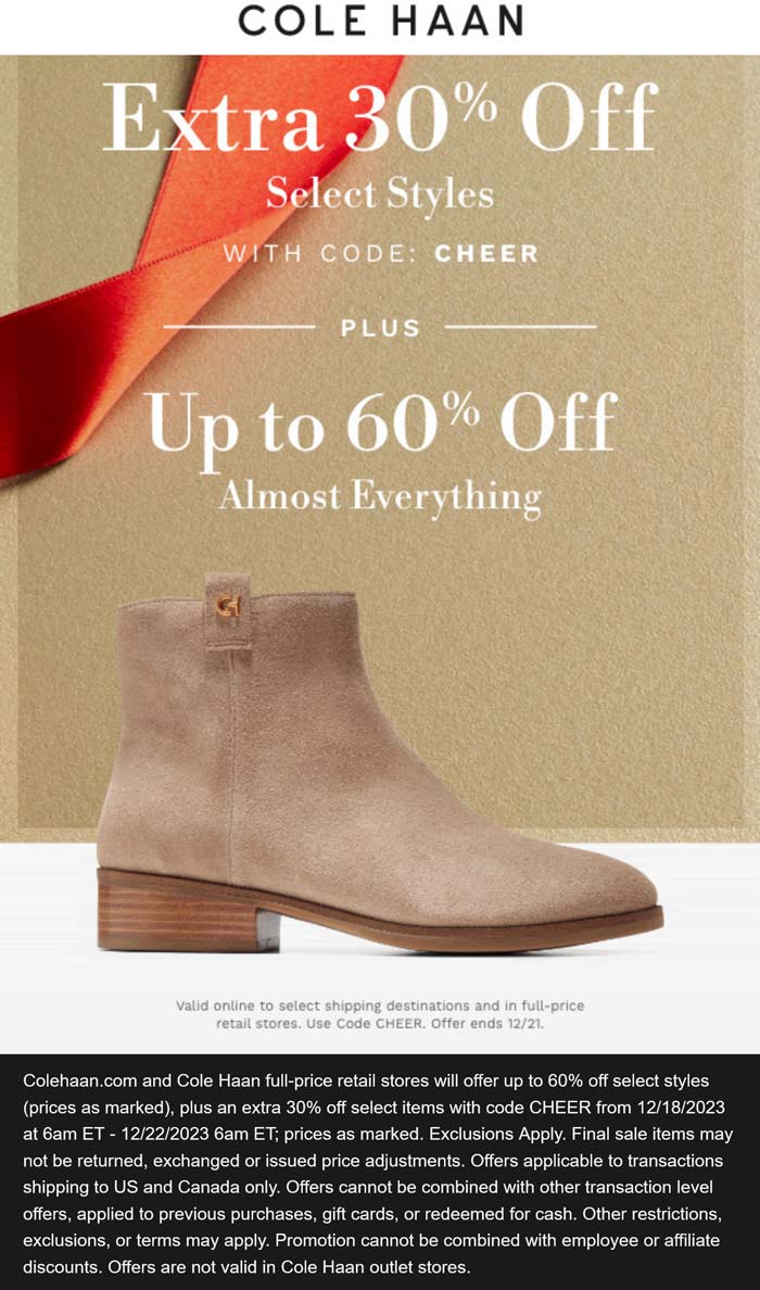 Cole Haan stores Coupon  Extra 30% off today at Cole Haan via promo code CHEER #colehaan 