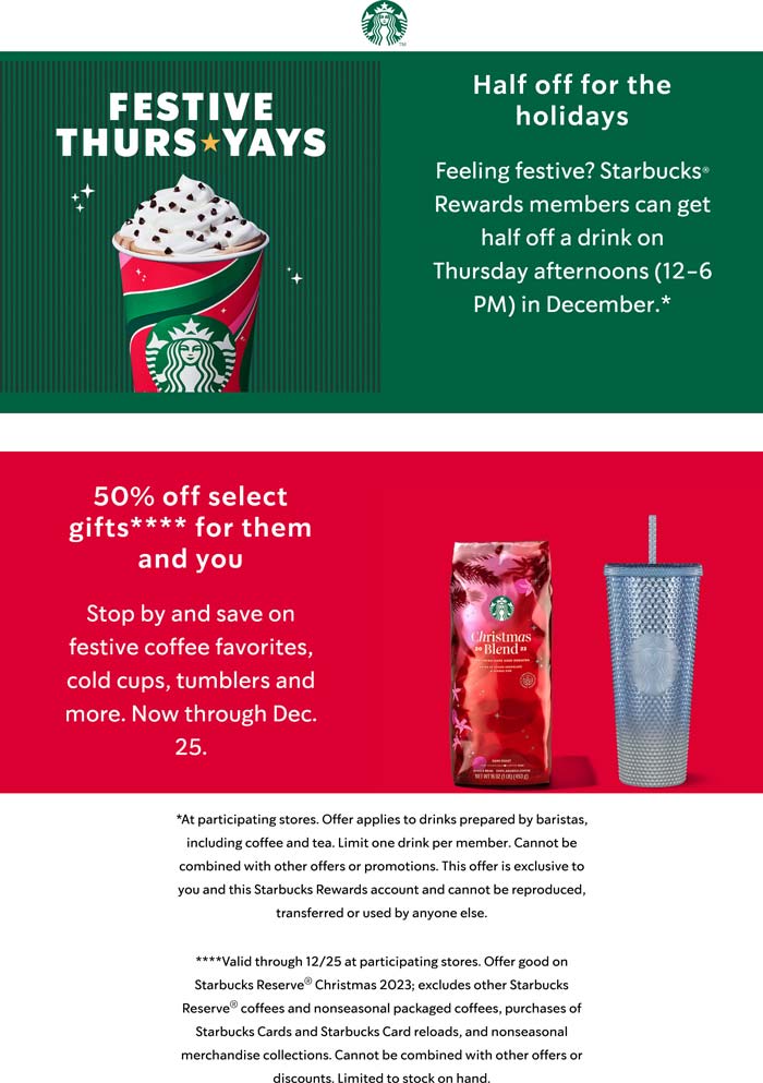 50% off drinks & various cups or tumblers til 6p today at Starbucks #starbucks