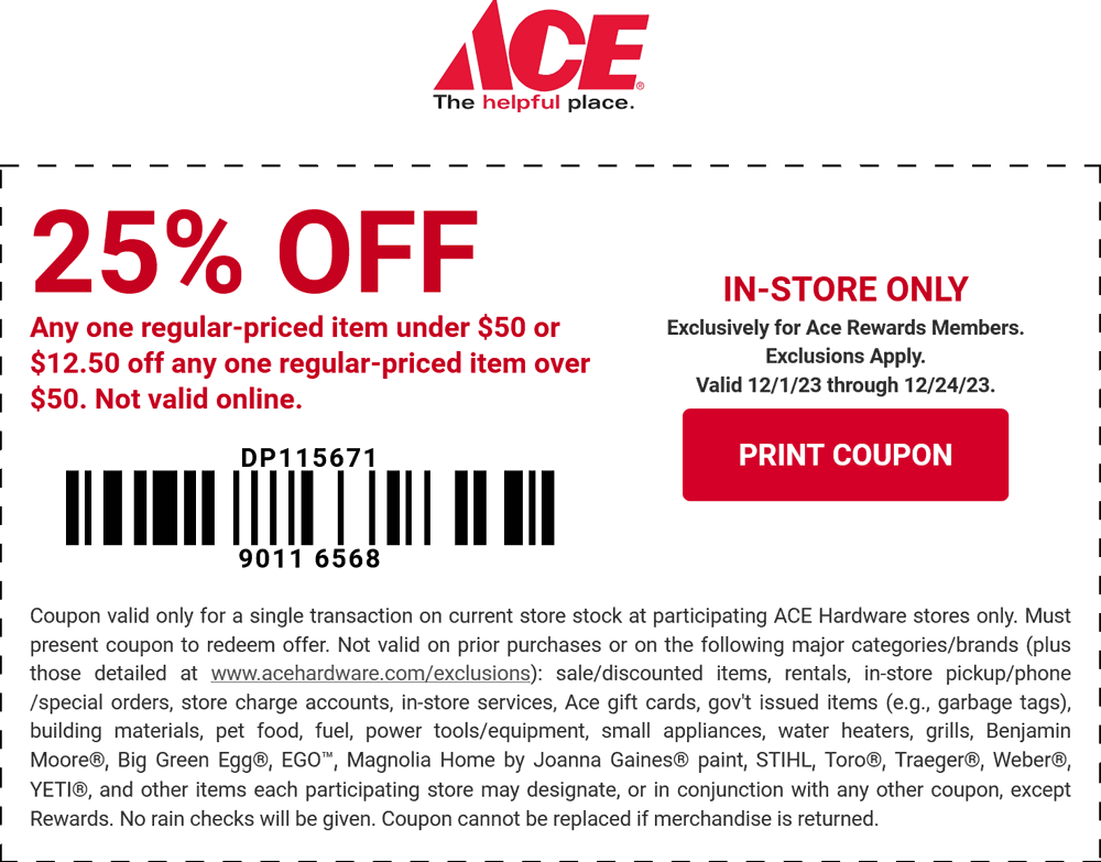 Ace Hardware stores Coupon  25% off a single item at Ace Hardware #acehardware 