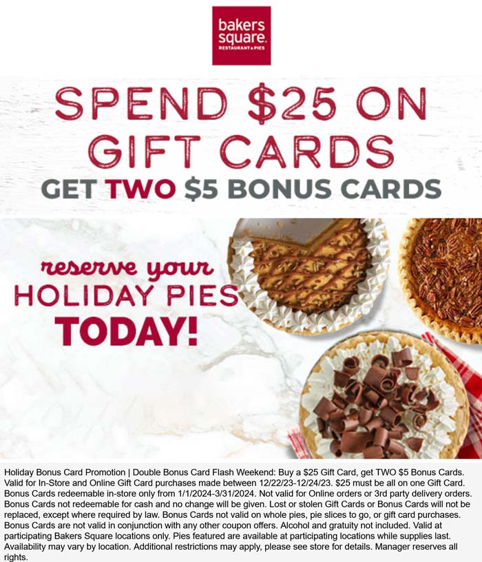Bakers Square restaurants Coupon  $10 gift card free on $25 card purchase at Bakers Square restaurants #bakerssquare 