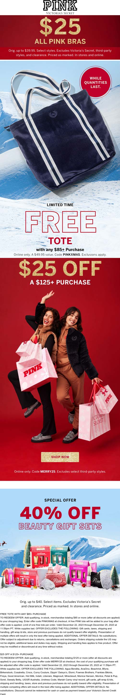 Free tote on $85, 40% off gift sets & $25 off $125 at PINK via promo code PINXMAS and MERRY25 #pink