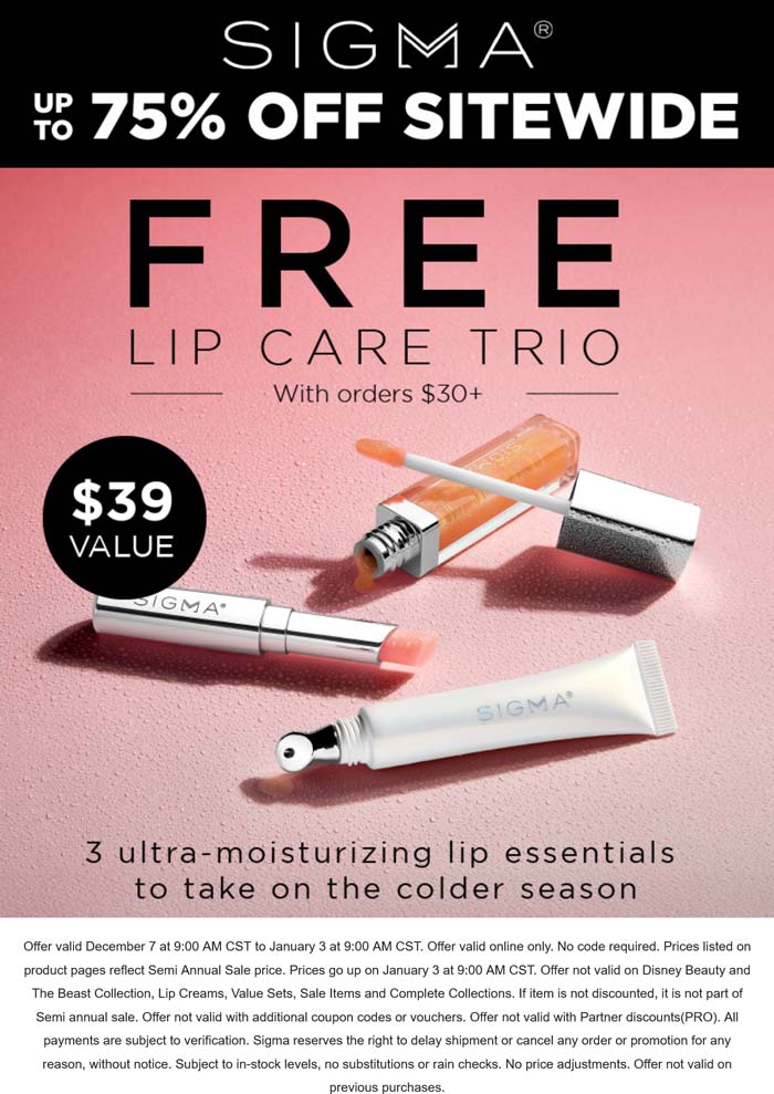 Free 3pc on $30+ & more at Sigma beauty #sigma