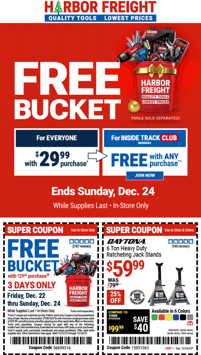 Harbor Freight stores Coupon  Free bucket with your purchase at Harbor Freight Tools #harborfreight 