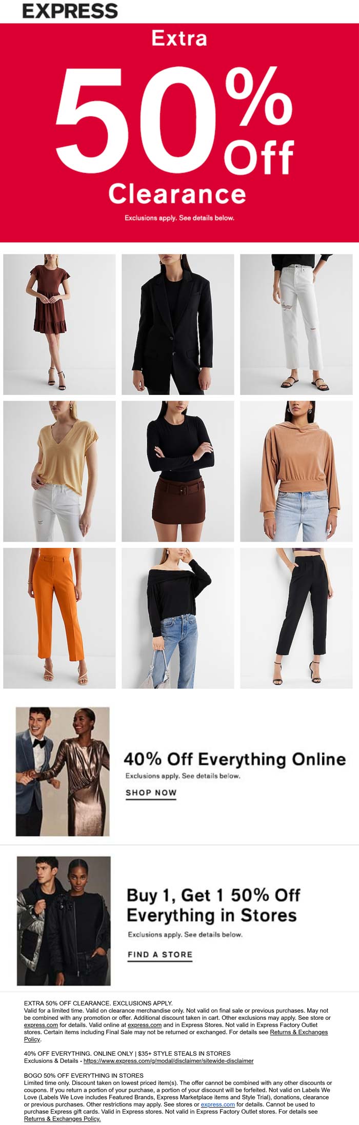 40% off everything online & extra 50% off clearance at Express #express