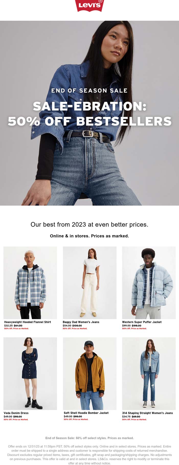Levis stores Coupon  50% off bestsellers at Levis, ditto online #levis 